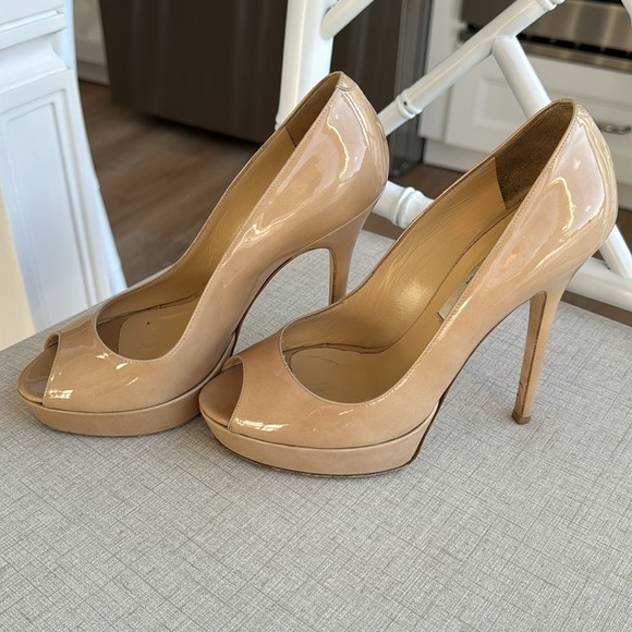 Jimmy Choo Beige Patent Leather Dahlia Peep Toe Platform Pumps Size 36 - Picture 2 of 13